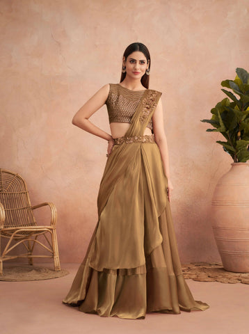 Beige Satin Embroidered Ready To Wear Saree With Unstitched Blouse Piece