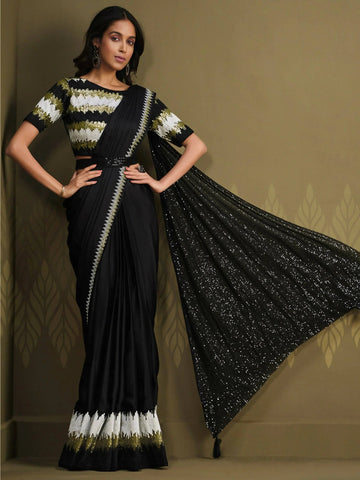 Black Crepe Silk Sequence Embroidered Saree With Stitched Blouse