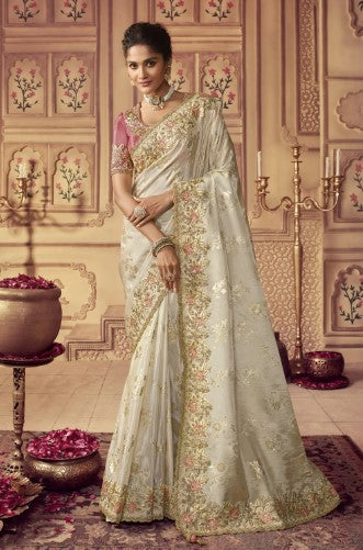 Golden Smoke Saree With Embroidery Work