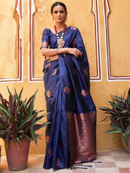 Janasya Navy Blue Kanjeevaram Silk Geometric Design Kanjeevaram Silk Saree