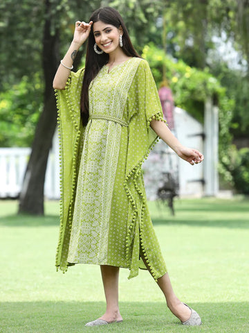 Juniper Green Georgette Festive Bandhej Printed Straight Kaftan For Women