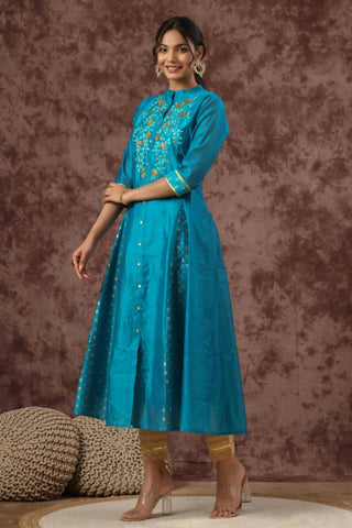 Juniper Women Teal Chanderi Silk Embroidered & Printed Anarkali Kurta