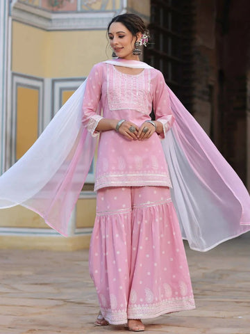Juniper Women's Pink Cambric Floral Print Kurta Sharara Set