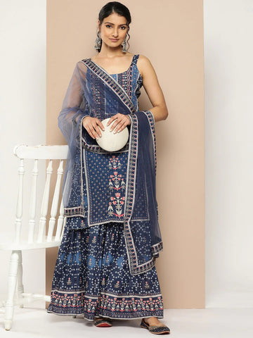 KSUT (House of Varanga) Blue Color Strap Style Digital Printed Kurta With Printed Sharara And Net Dupatta