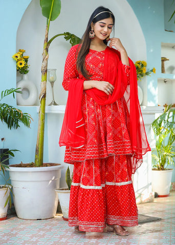 Kaajh Woman's Red Bandhej Cotton Paplum Kurta Sharara With Dupatta
