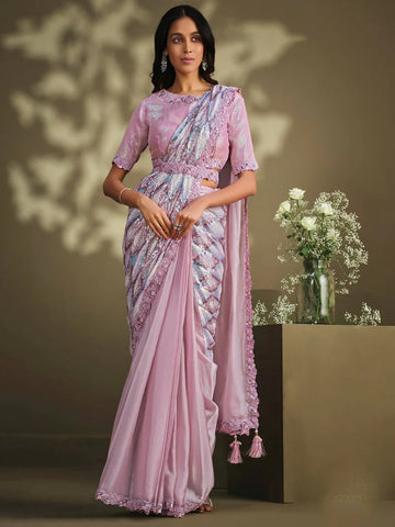 Light Pink Crepe Satin Silk Sequence Embroidered Saree With Stitched Blouse