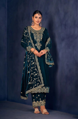 Lorenvalley Fashion Women Rama Velvet Embroidered Salwar Suit