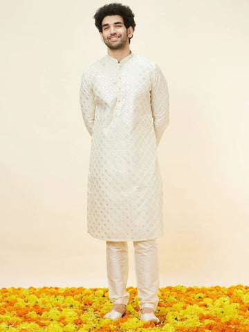 Manyavar Geometric Embroidered Chanderi Cotton Kurta with Pyjamas