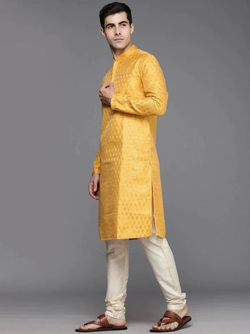 Manyavar Men Mustard Yellow Woven Design Kurta with Churidar