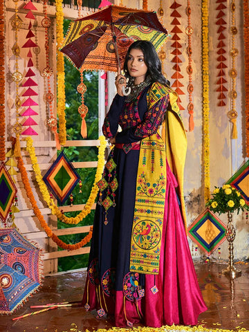 Myra Pink and Navy blue Silk Embroidered Navratri Special Lehenga