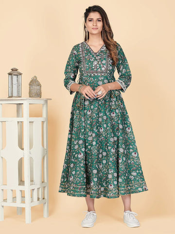 NOZ2TOZ Women's Green Printed Anarkali Cotton Kurta