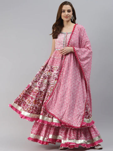 NOZ2TOZ Women's Pink Cotton Sleeves Less Anarkali Sharara Set With Dupatta