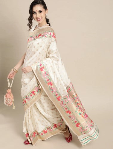 Off-White & Golden Woven Design Banarasi Saree