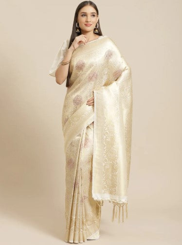 Off-White & Golden Woven Design Banarasi Saree