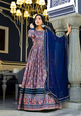 Partywear Designer Blue Dola Silk Anarkali Suit With Dupatta
