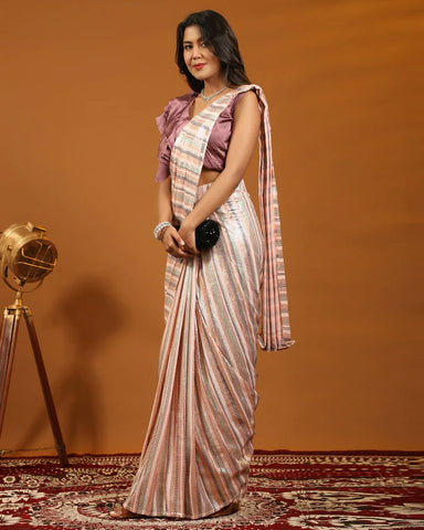 Peach Pure Georgette Sequence work ready-to-wear Saree with stitched Blouse