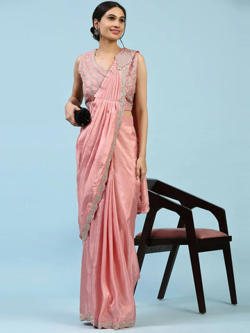 Peach Silk Satin Plain Ready to Wear Saree with stitched Blouse