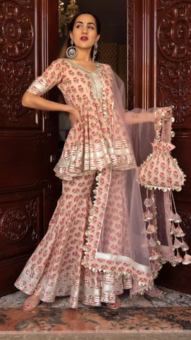 Pomcha Jaipur Peach Hand Block Cotton Sharara Set