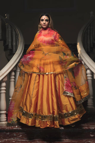 Pomcha Jaipur Taffeta Silk Orange Lehenga