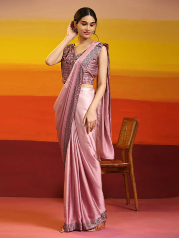 Purple Ombre Satin Georgette Plain ready-to-wear saree with stitched blouse