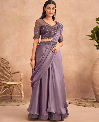 Purple Satin Embroidered Ready To Wear Saree
