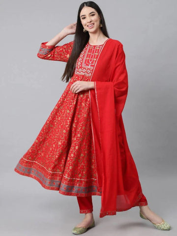 Red Ethnic Motifs Printed Empire Pure Cotton Kurta with Trousers & With Dupatta