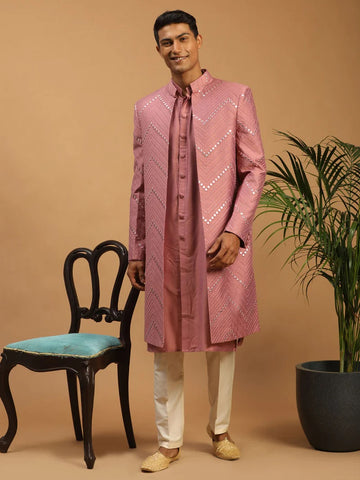 Shrestha By Vastramay Men's Onion Pink And Cream Viscose Sherwani Set
