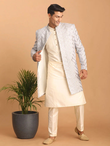 Shrestha by Vastramay Men's Aqua And Cream Silk Blend Ethnic Combo Set