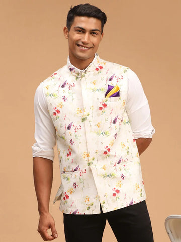 Vastramay Men's Cream Floral Nehru Jacket