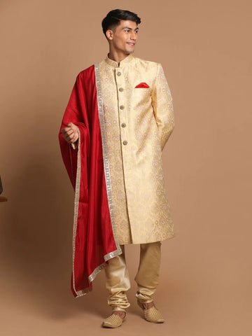 Vastramay Men's Gold, Beige And Maroon Silk Blend Sherwani Set