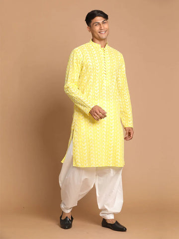 Vastramay Men's Mustard And White Pure Cotton Kurta And Patiala Set