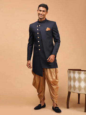 Vastramay Men's Navy Blue And Rose Gold Cotton Blend Sherwani Set