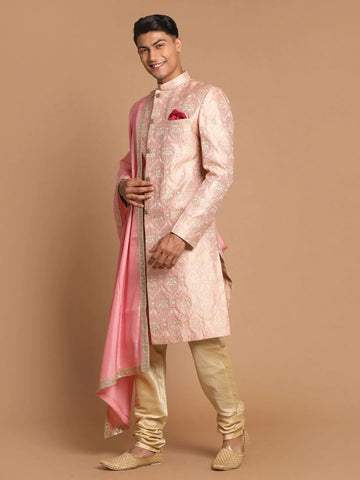 Vastramay Men's Pink And Gold Silk Blend Sherwani Set