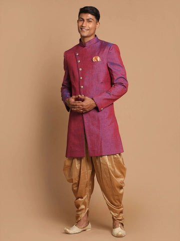 Vastramay Men's Purple And Rose Gold Silk Blend Sherwani Set