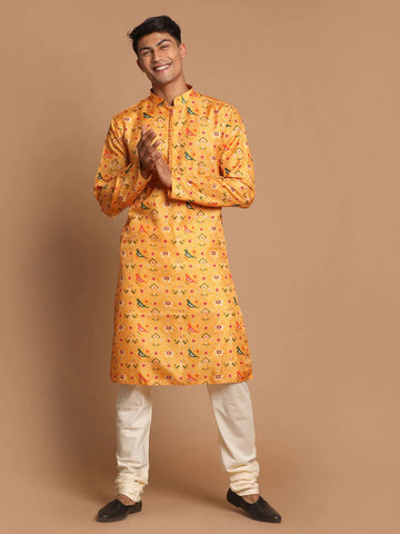 Vastramay Men's Yellow And Cream Cotton Silk Kurta Pyjama Set