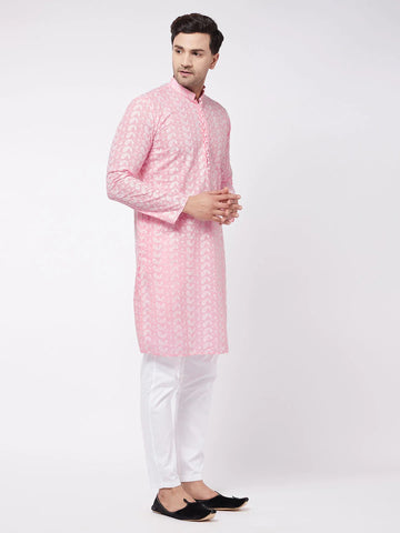 Vastramay Men’s pink and white cotton kurta Pyjama set