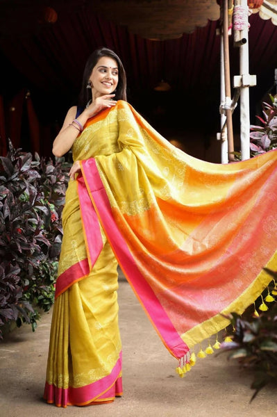 Very Much Indian Pure Linen Saree With Sleek Border And Exclusive Design - Yellow