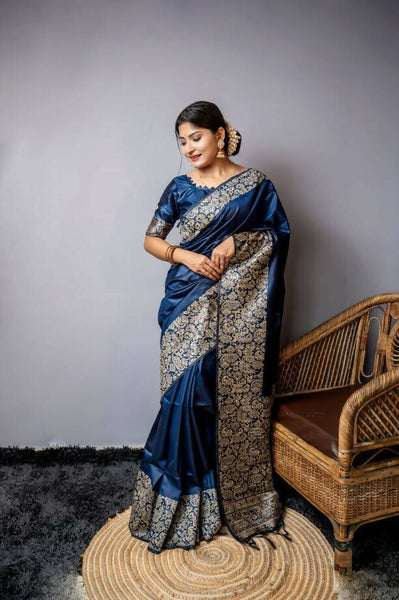 Vishnu Weaves Women's Blue Handloom Raw Silk Woven Border Saree with Unstitched Blouse
