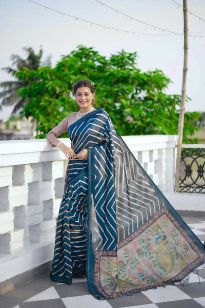 Vishnu Weaves Women's Blue Soft Tussar Silk Digital Printed Saree with Unstitched Blouse