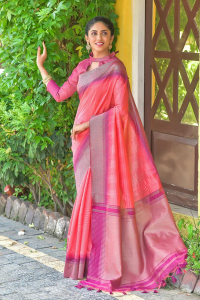 Vishnu Weaves Women's Pink South Silk Zari Woven Saree with Unstitched Blouses