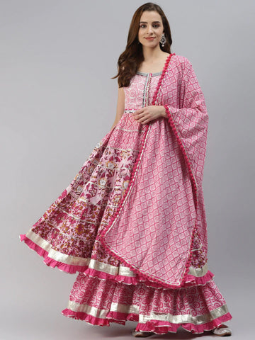 Wahe-NOOR Women's Pink Cotton Sleeveless Anarkali Sharara Set With Dupatta