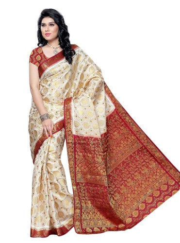 White & Red Kanchipuram Art Silk Saree