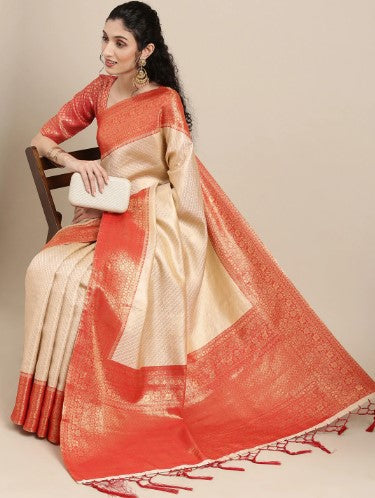 White & Red Woven Design Zari Silk Blend Banarasi Saree