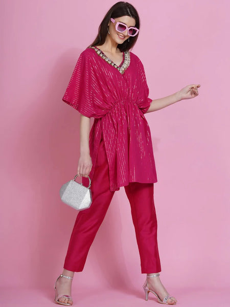Women Republic Pink Lurex Cotton Kaftan Style Kurta With Pants