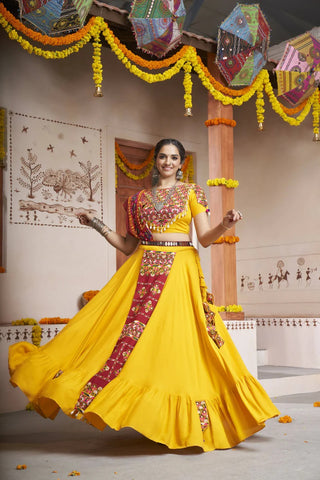 Yellow Viscose Rayon Thread Embroidery with mirror work Navratri Lehenga Choli with Dupatta