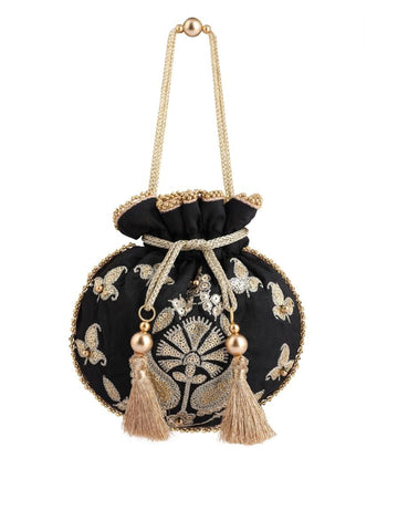 Buy Light Gold Potli Bag In Velvet Adorned With Thread And Beads