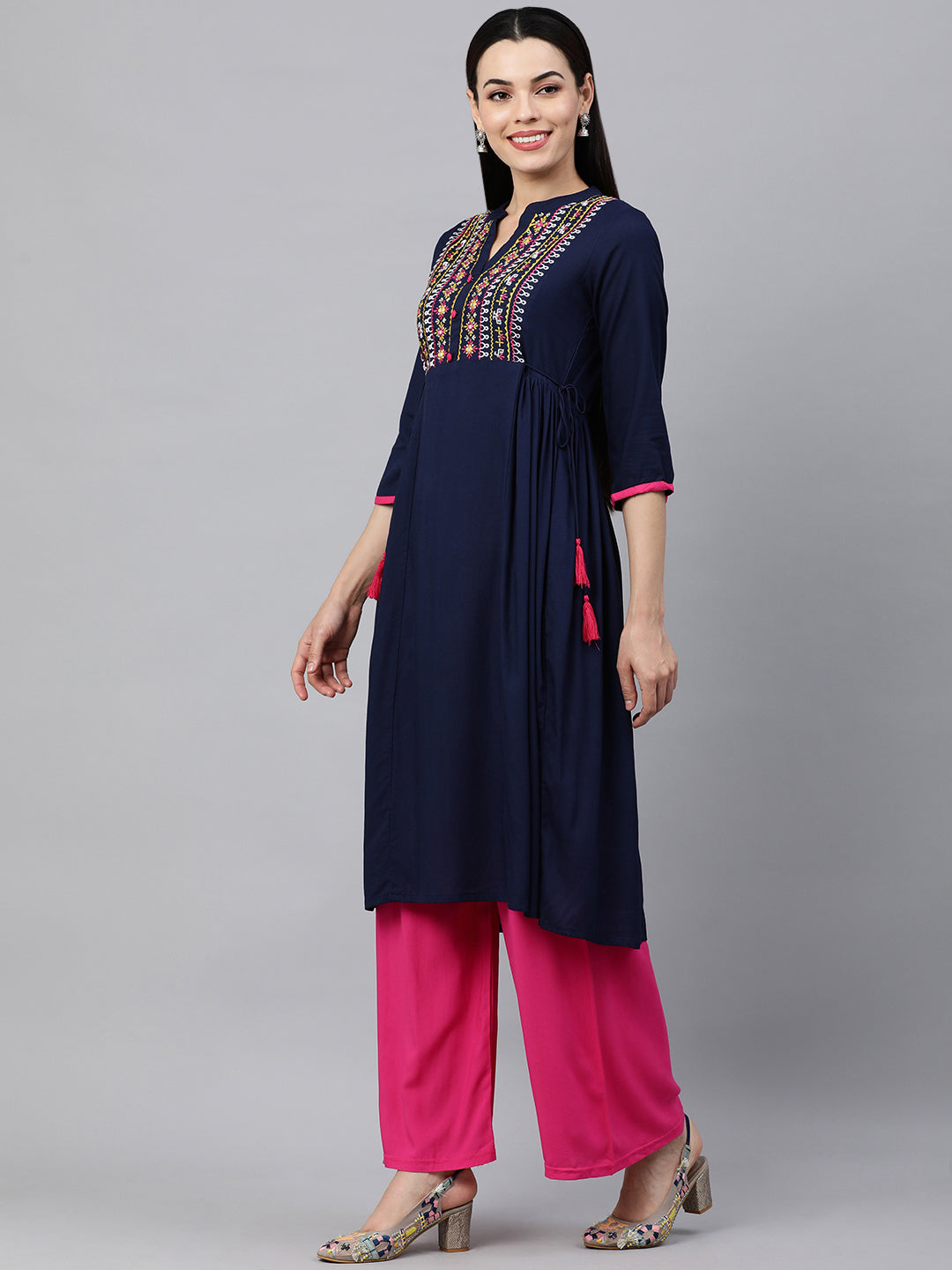 Kalini Women Navy Blue Ethnic Motifs Embroidered Yoke Design Kurta ...