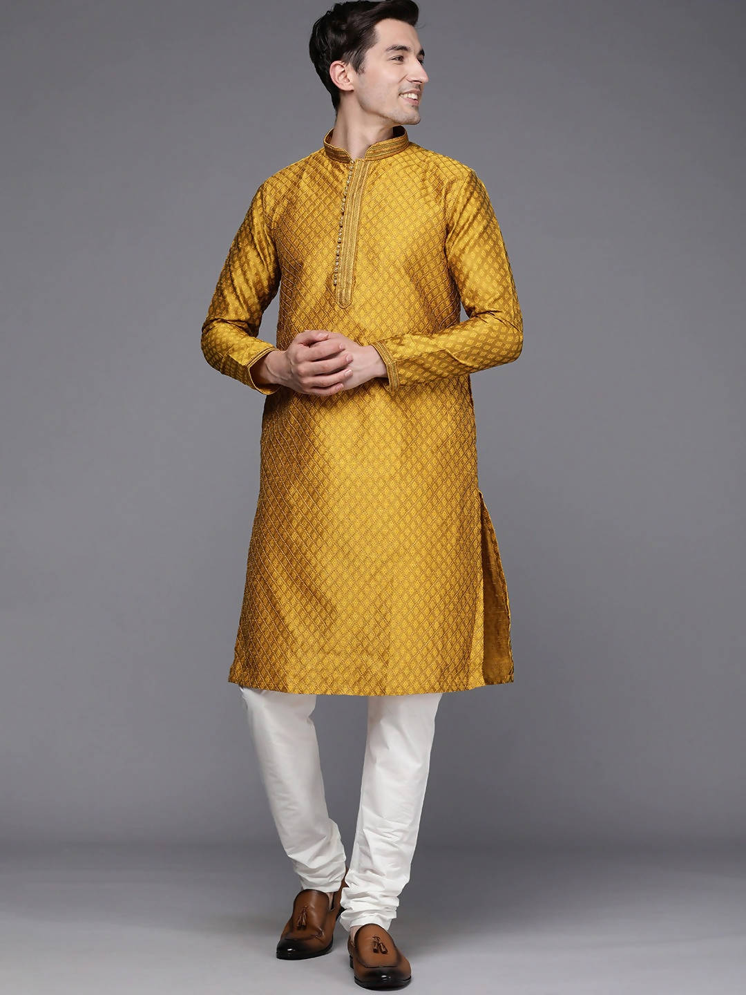 Buy Manyavar Men Mustard Yellow Ethnic Motifs Woven Design Kurta with ...