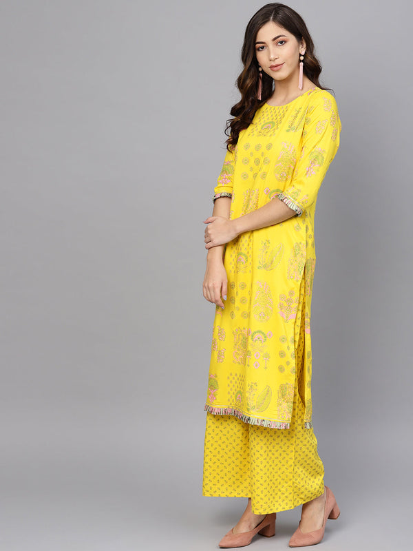 description ahalyaa women yellow pink printed kurta with palazzos ...