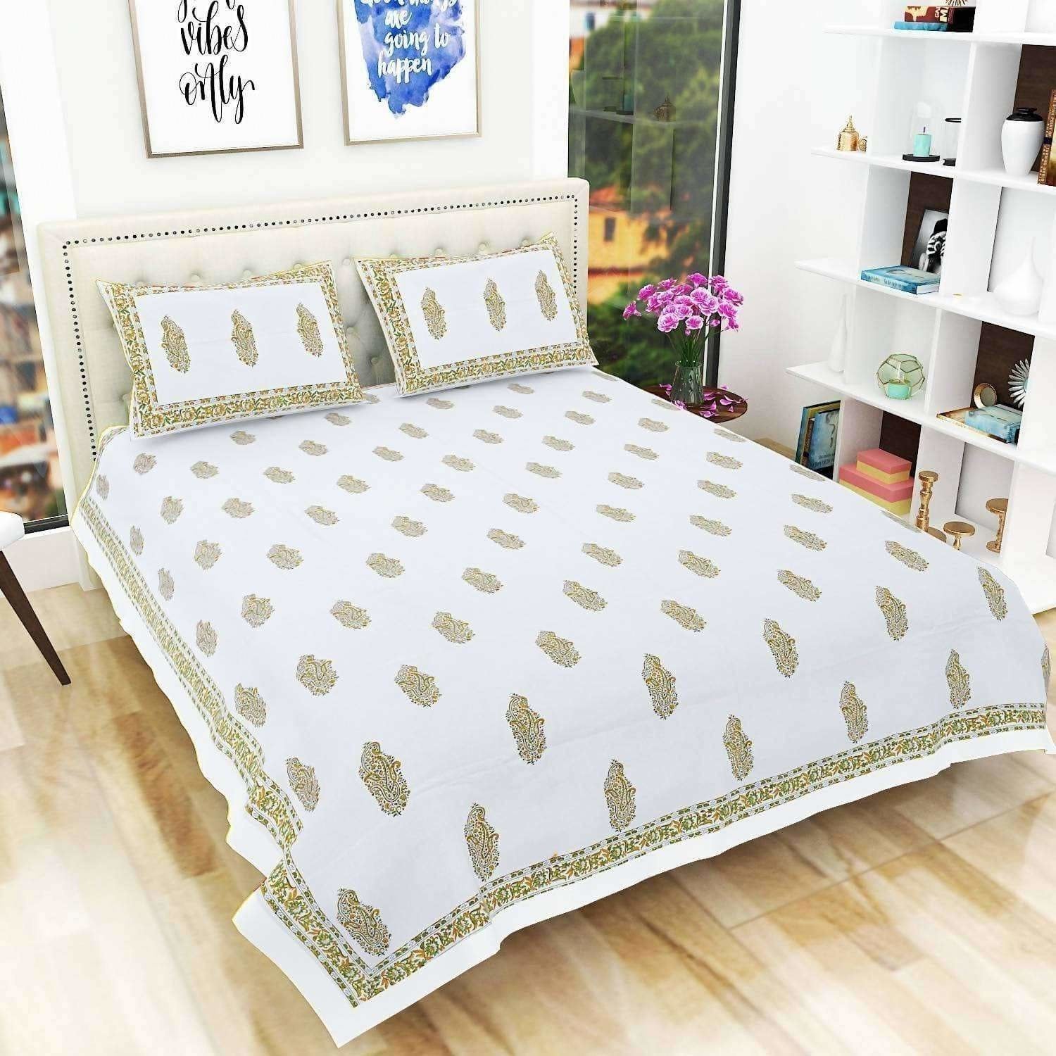 Premium Hand Block Printed Rajasthani Double Bedsheet Bedspread With 2 Distacart